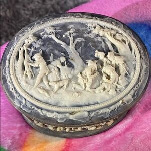 Vintage Incolay stone La Vie village scene  jewelry box